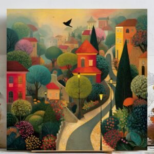 Village Landscape Wall Art, Canvas or Poster, Colorful Town Home Decor, Living Room Bedroom Office Wall Hanging, Cozy Cottage Art,Home Decor