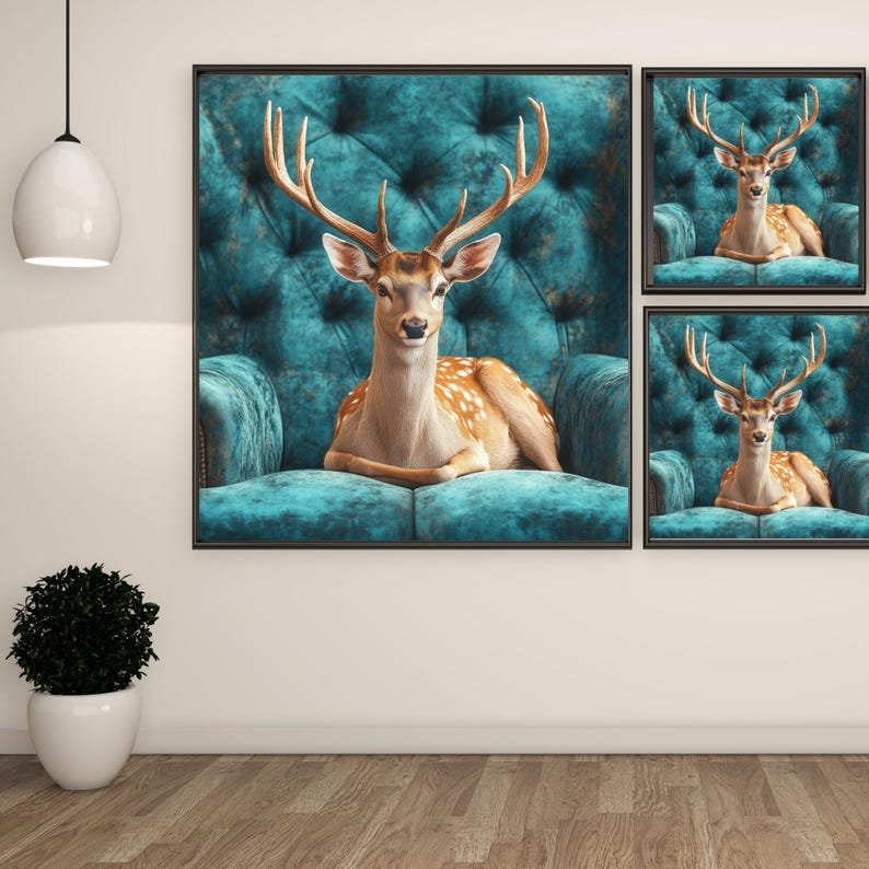 Regal Deer Wall Art, Canvas or Poster, Woodland Animal Decor, Elegant Home Wall Hanging, Classic Modern Art, Teal and Brown Design - Image 2