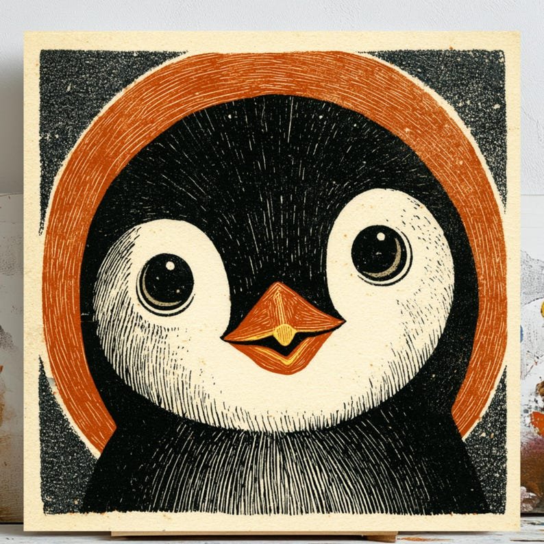 Cute Penguin Art, Linocut Print, Nursery Wall Decor, Modern Folk Style, Animal Portrait, Kids Playroom Poster, Penguin Gift, Woodcut Decor