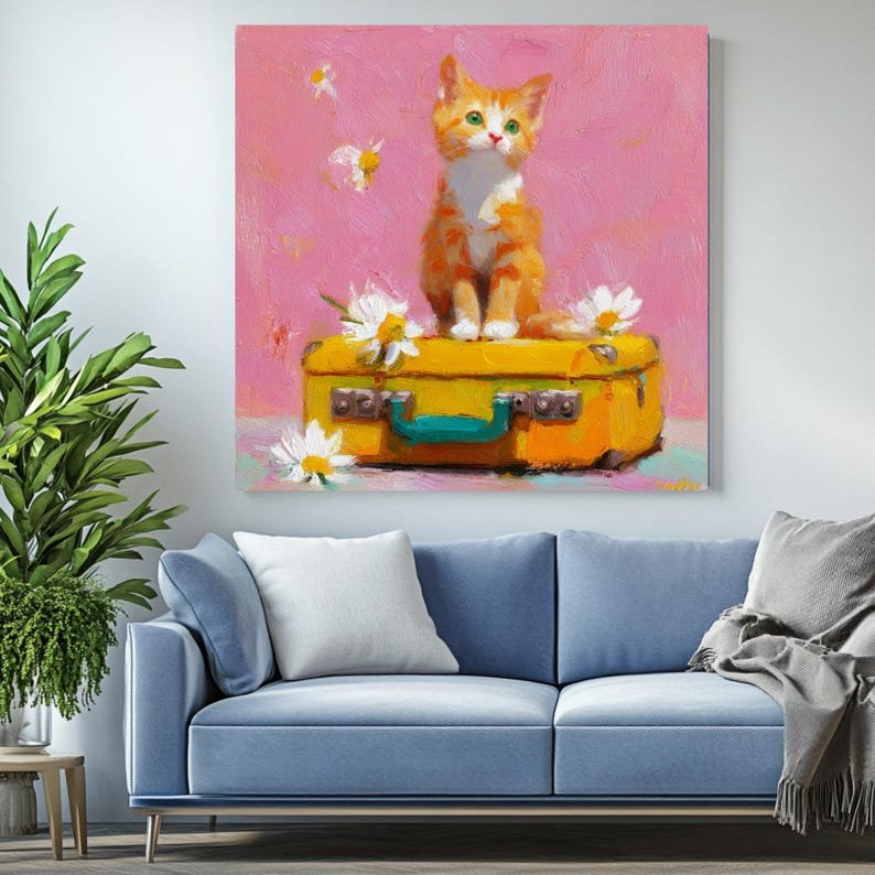 Ginger Kitten on Suitcase Wall Art, Canvas Or Poster, Pink Nursery Decor, Whimsical Cat Painting, Daisy Flower Art, Gift for Cat Lovers Art - Image 3