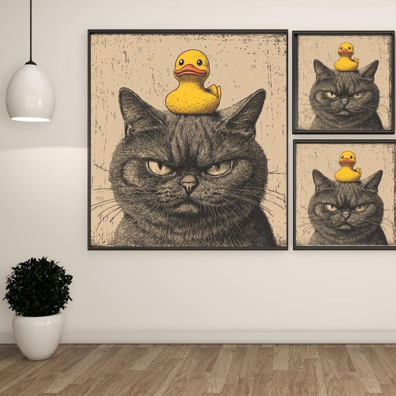 Grumpy Black Cat & Duck Art Print: Quirky Bathroom Poster - Image 2