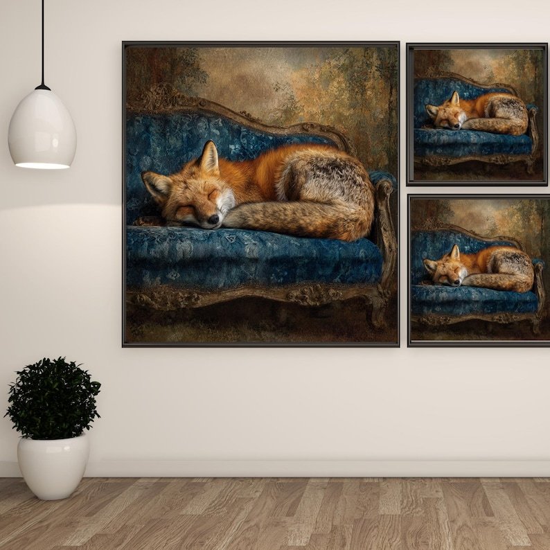 Sleeping Fox on Blue Sofa Art, Canvas or Poster, Rustic Glam Decor, Living Room Bedroom Office Wall Art, Brown Blue Gold Woodland Scene - Image 2