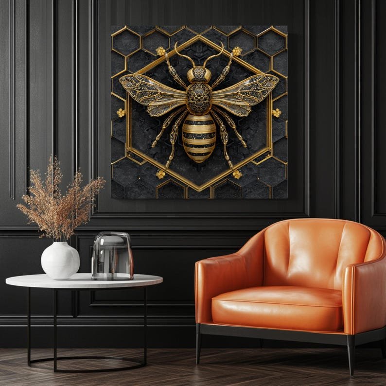 Gold Bee Wall Art, Canvas Or Poster, Luxury Insect Print, Honeycomb Decor, Modern Home Wall Art, Black And Gold Illustration, Office Art - Image 3