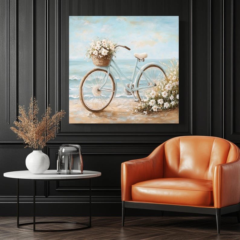 Beach Bicycle Blossom Art, Poster or Canvas, Impressionism Coastal Bohemian Decor, Living Room Bedroom Wall Art, Blue Beige Multicolor Teal - Image 3