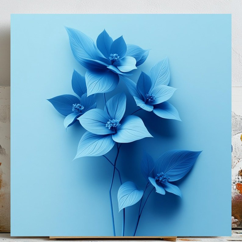 Monochrome Blue Flower Print: Minimalist Floral Canvas Art