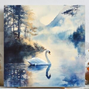 Swan Wall Art, Canvas or Poster, Lake Landscape Painting, Nature Decor, Watercolor Swan Art, Tranquil Wall Art for Bedroom Living Room