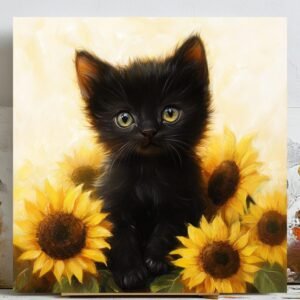 Cute Black Kitten Art, Canvas or Poster, Cat and Sunflower Wall Decor, Whimsical Animal Painting, Cat Home Decor, Pet Lover Gift