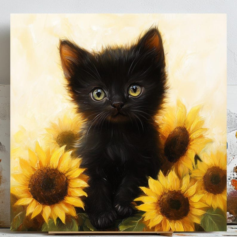 Cute Black Kitten Art, Canvas or Poster, Cat and Sunflower Wall Decor, Whimsical Animal Painting, Cat Home Decor, Pet Lover Gift