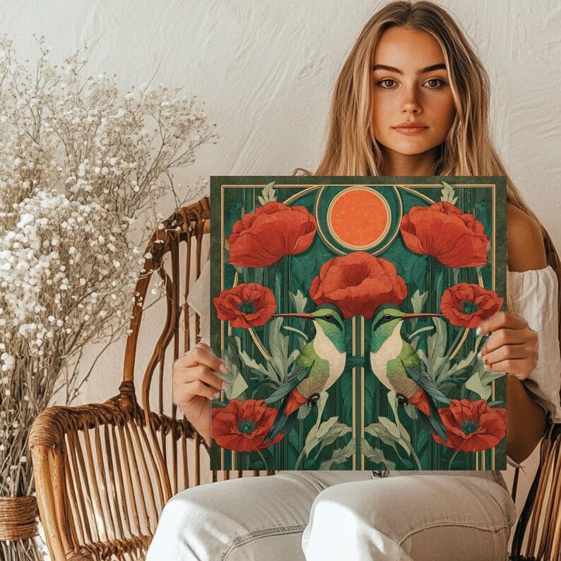 Hummingbird And Poppy Wall Art, Canvas or Poster, Floral Wall Decor, Home Decor, Nature Inspired Art, Modern Botanical Design, Bedroom Art - Image 5