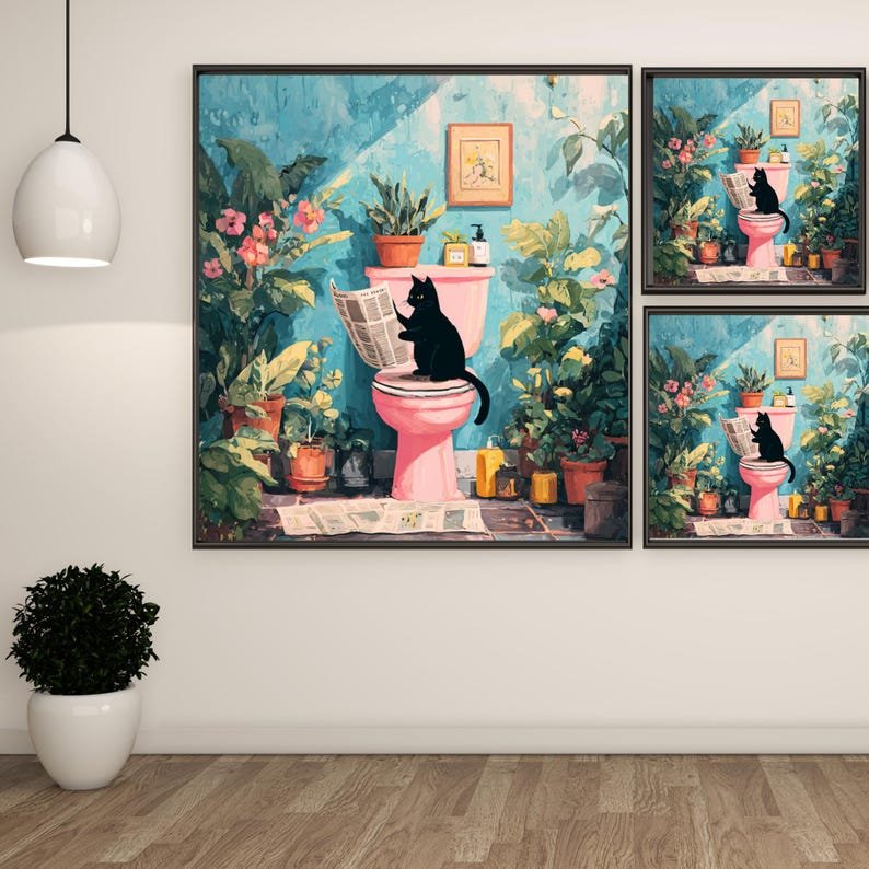 Japanese Black Cat Reading Newspaper, Canvas Or Poster, Funny Animal Decor, Bathroom Decor, Living Room Decor, Modern Wall Art, Cat Wall Art - Image 2