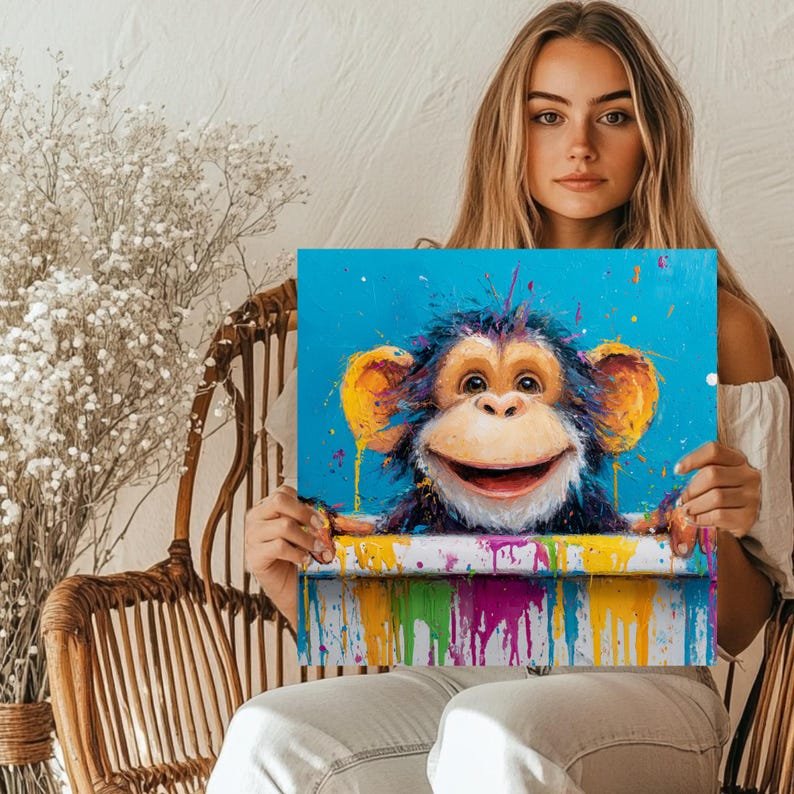 Colorful Monkey Wall Art, Canvas or Poster, Cute Animal Painting, Vibrant Abstract Decor, Kids Room Wall Hanging, Playroom Home Art - Image 5