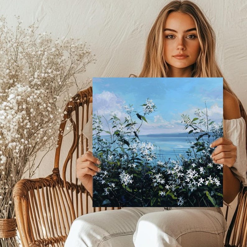 Seaside Flower Field Wall Art, Canvas or Poster, Relaxing Coastal Landscape Painting, Bedroom or Living Room Wall Hanging, Nature Home Decor - Image 5