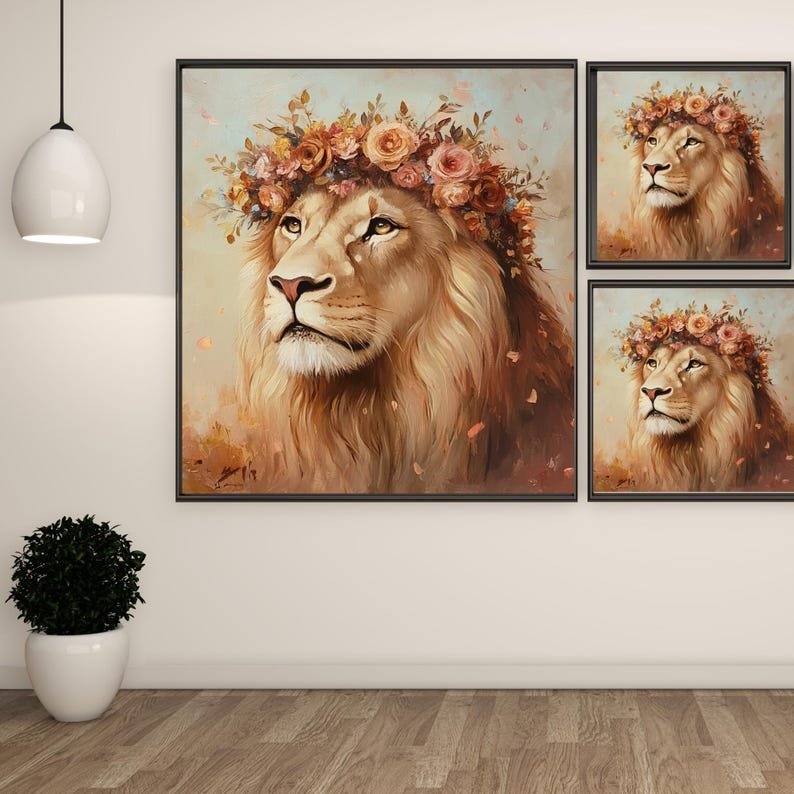 Lion With Flower Crown, Canvas Or Poster, Animal Wall Art, Wildlife Decor, Lion Wall Decor, Living Room Wall Art, Safari Home Art - Image 2