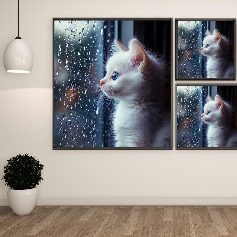 White Kitten Canvas Or Poster, Cat Wall Decor, Home Decor, Living Room Decor, Bedroom Decor, Rainy Day Poster,Rain Window Scene,Blue Eye Cat - Image 2