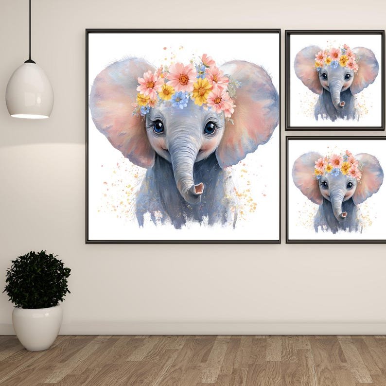 Baby Elephant Wall Art, Canvas Or Poster, Floral Animal Print, Nursery Wall Decor, Boho Kids Room Art, Cute Baby Decor,Floral Elephant Print - Image 2