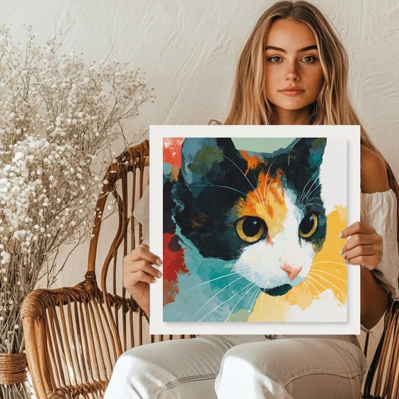 Colorful Calico Cat Wall Art, Modern Abstract Cat Canvas Or Poster, Vibrant Pet Painting,Whimsical Animal Decor,Gift for Cat Lovers,Home Art - Image 4
