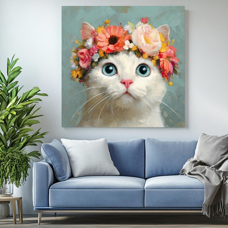 Floral Cat Wall Art, Canvas Or Poster, Bohemian Home Decor, Cat Lovers Gift, Modern Decor, Cat Wall Hanging, Feline Print, Home Decor - Image 4