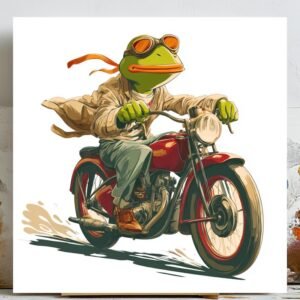 Frog Riding Motorcycle Wall Art, Canvas Or Poster, Whimsical Animal Decor, Retro Biker Frog Print, Adventure Room Art, Nursery Decor