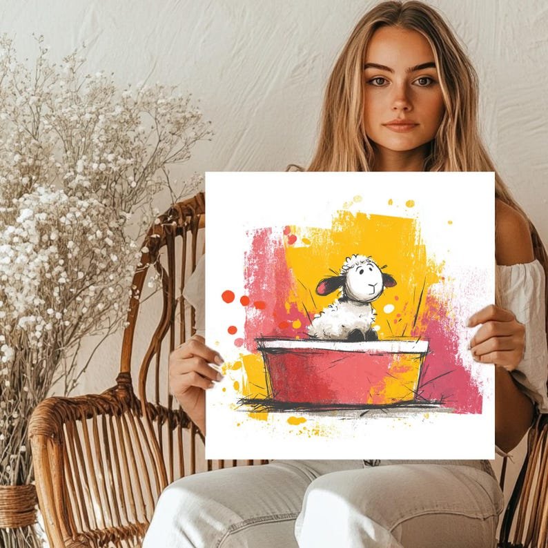Sheep In Bucket Wall Art, Canvas Or Poster, Cute Lamb Nursery Decor, Whimsical Animal Print, Pink Yellow Kids Room Decor, Playful Sheep Art - Image 5