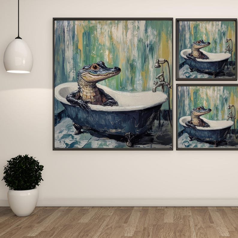 Crocodile In Bathtub, Canvas Or Poster, Bathroom Wall Art, Wildlife-Inspired Art, Contemporary Animal Art, Bathroom Wall Decor, Home Decor - Image 2