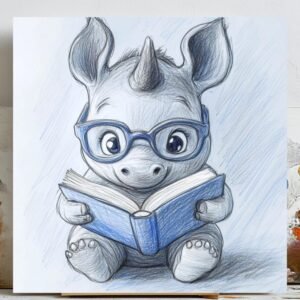 Baby Rhino Reading Book, Canvas Or Poster, Kids Room Wall Art, Nursery Decor, Animal Wall Hanging, Reading Corner Art, Cute Rhino Wall Art