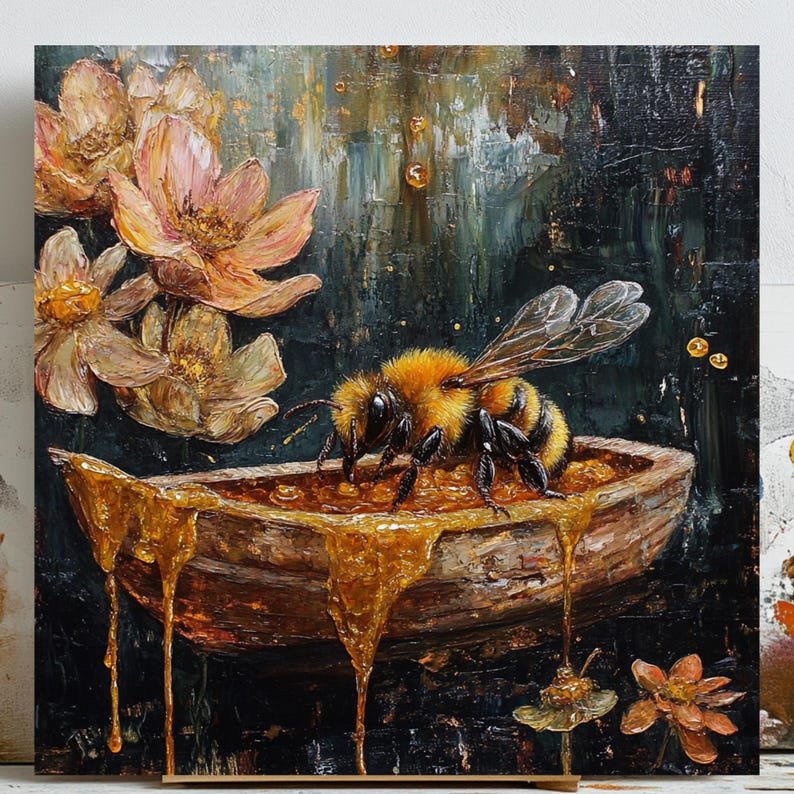 Honey Bee Floral Art Print: Earthy Boho Home Decor