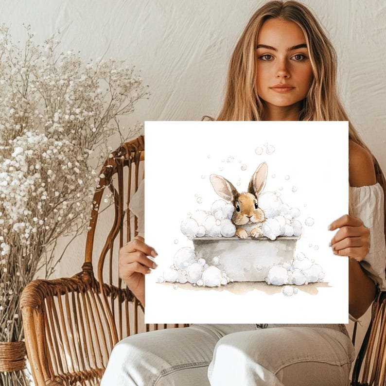Bunny Bath Wall Art, Canvas or Poster, Cute Animal Nursery Decor, Baby Bathroom Wall Art, Kids Room Wall Hanging, Baby Bathroom Art - Image 6