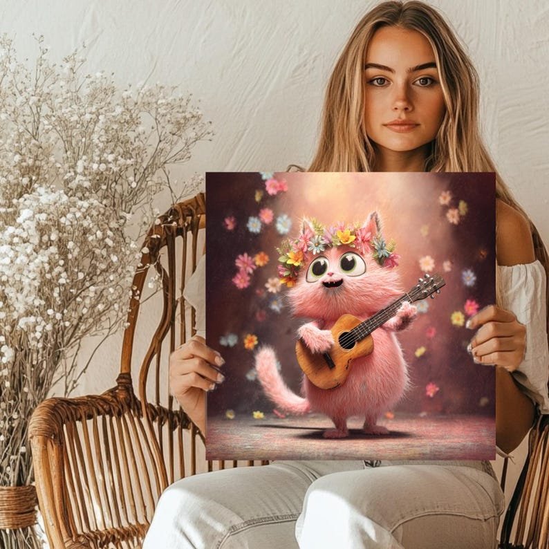 Whimsical Cat Wall Art, Canvas Or Poster, Pink Cat Playing Guitar, Bohemian Floral Decor, Nursery Wall Hanging, Cute Animal Art, Home Decor - Image 5
