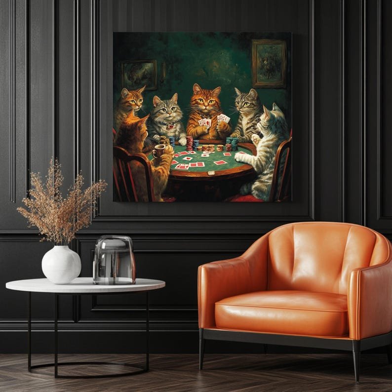 Cat Poker Art, Canvas or Poster, Whimsical Pop Art Decor, Living Room Game Room Office Wall Art, Brown Gold Multicolor Green - Image 3