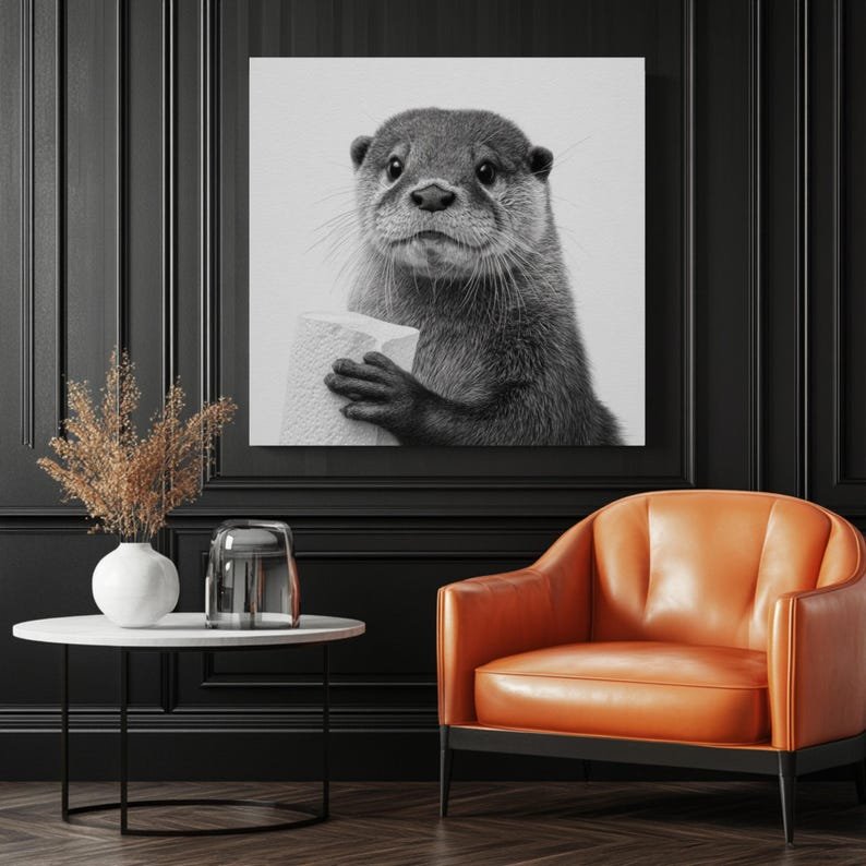 Black and White Otter Wall Art, Canvas or Poster, Funny Animal Print, Modern Bathroom Wall Decor, Whimsical Art For Home or Office - Image 3