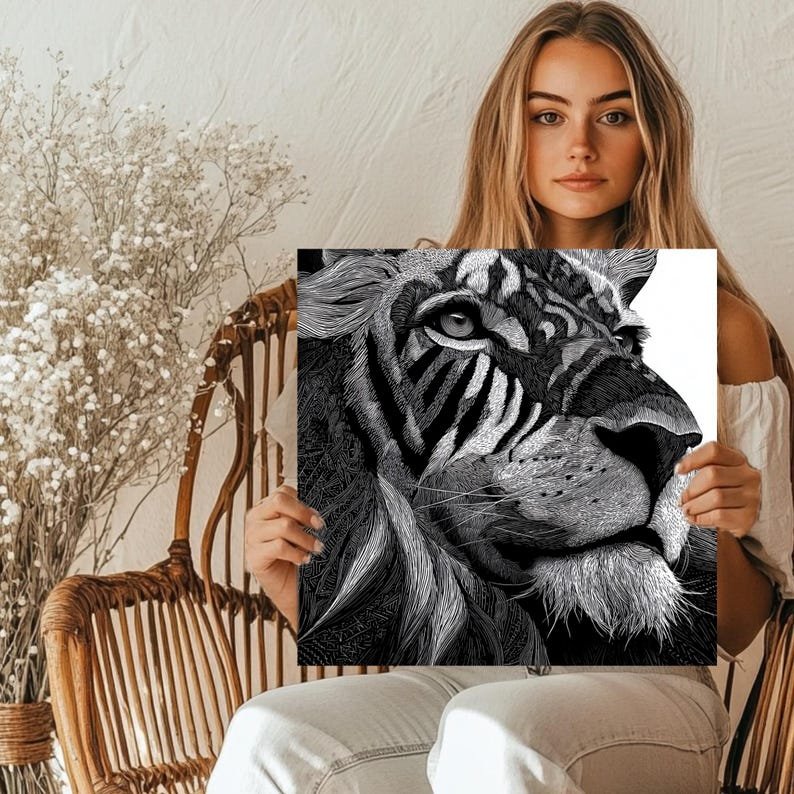 Modern Lion Face Wall Art, Canvas Or Poster, Black and White Lion Drawing, Office Decor, Living Room Decor, Tribal Lion Print, Animal Art - Image 4
