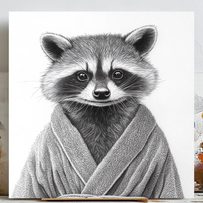 Raccoon in Bathrobe Art Print: Whimsical Animal Wall Decor