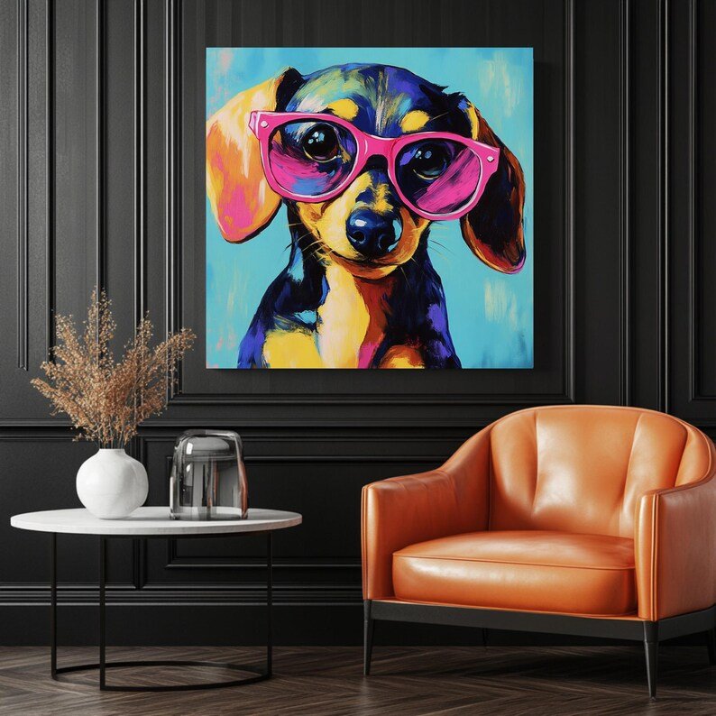 Colorful Dachshund Wall Art, Canvas or Poster, Dog With Pink Glasses, Modern Animal Decor, Living Room Office Wall Art, Whimsical Home Decor - Image 3