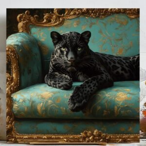 Regal Black Leopard Wall Art, Canvas or Poster, Luxury Animal Decor, Teal Gold Rustic Wall Hanging, Living Room Bedroom Office Art