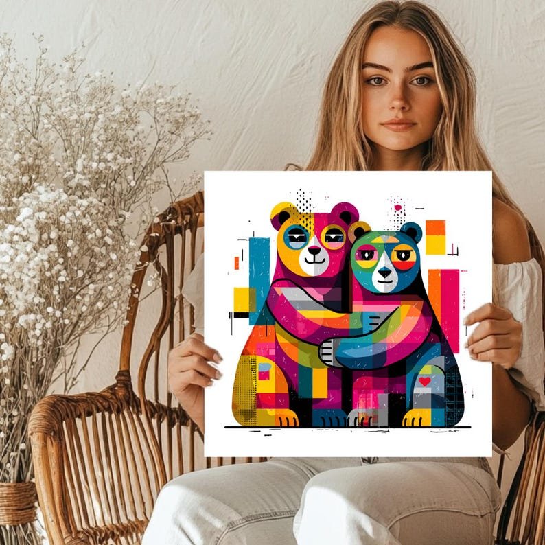 Colorful Hugging Bears Art, Canvas Or Poster, Modern Kids Room Decor, Vibrant Geometric Animal Wall Art, Living Room Decor, Bear Love Gift - Image 4
