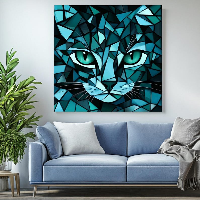 Abstract Cat Wall Art, Canvas or Poster, Modern Geometric Animal Decor for Living Room or Office, Blue Teal Contemporary Print, Home Decor - Image 4