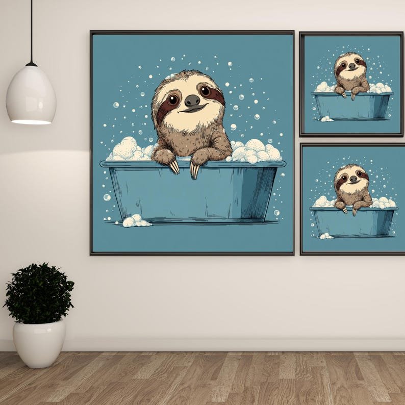 Sloth In Bathtub Wall Art, Canvas or Poster, Cute Bathroom Decor, Animal Illustration, Bubbly Bath Artwork, Kids and Home Wall Decor - Image 2