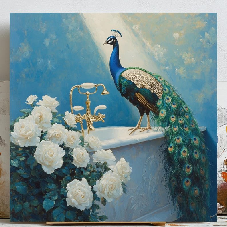 Peacock in Bathtub Art Print: Quirky Bathroom Canvas