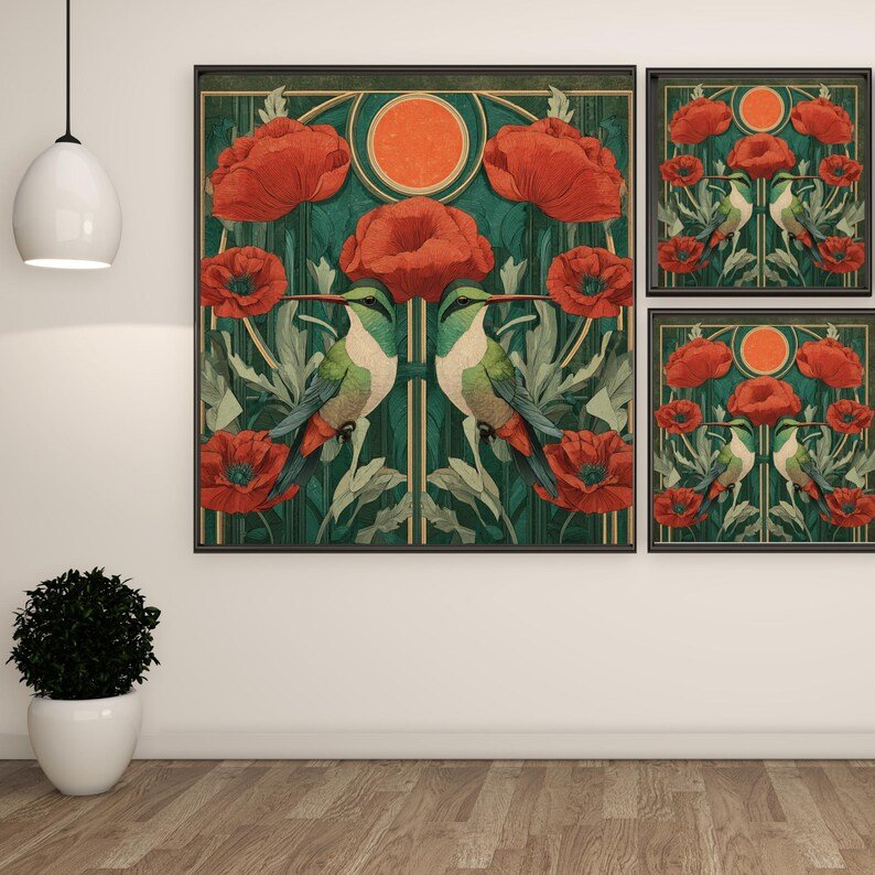 Hummingbird And Poppy Wall Art, Canvas or Poster, Floral Wall Decor, Home Decor, Nature Inspired Art, Modern Botanical Design, Bedroom Art - Image 2