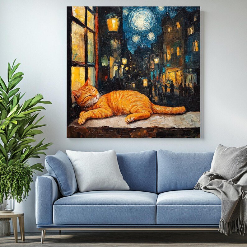 Ginger Cat Wall Art, Canvas or Poster, Animal Decor, Van Gogh Style Art, Starry Sky Cityscape, Living Room Wall Hanging, Gift For Cat Mom - Image 4