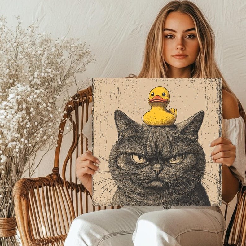 Grumpy Black Cat & Duck Art Print: Quirky Bathroom Poster - Image 5