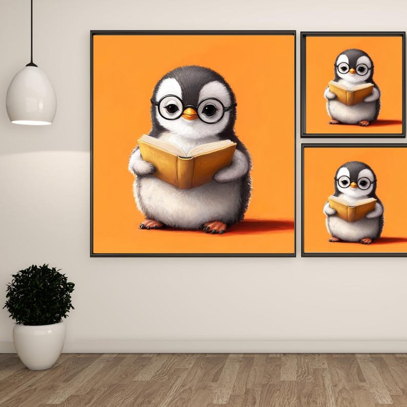 Cute Penguin Reading Wall Art, Book Lover Animal Print, Reading Nook Decor, Adorable Penguin Poster, Kids Room Art, Digital Wall Art - Image 2