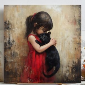 Girl and Black Cat Art Print: Cozy Cat Lover Gift