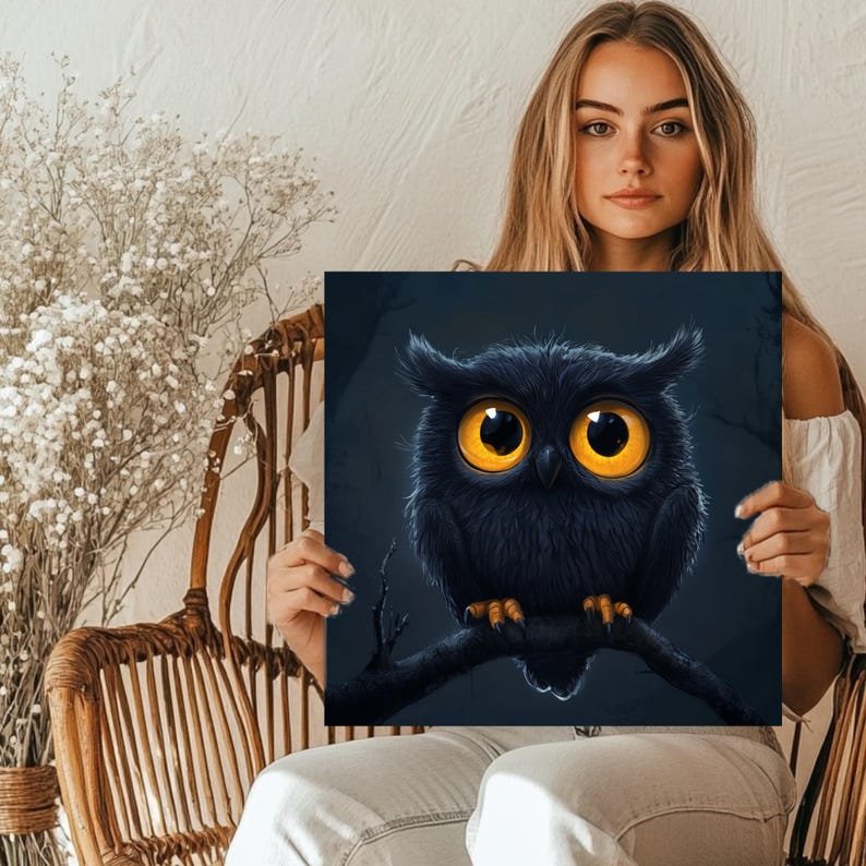 Charming Night Owl Art, Canvas or Poster, Whimsical Animal Decor, Children's Room Bedroom Living Room Office Art, Black Yellow Grey White - Image 5