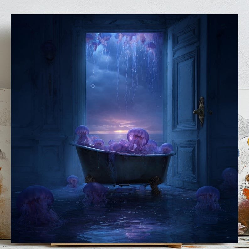 Jellyfish In Bathtub, Canvas Or Poster, Surreal Ocean Wall Art For Bathroom, Fantasy Sea Decor, Blue Jellyfish Artwork, Modern Home Wall