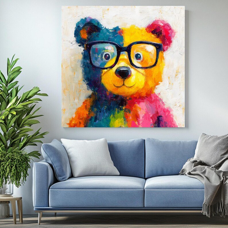 Bear Wall Art, Canvas or Poster, Colorful Animal Painting, Cute Bear with Glasses, Nursery Wall Art, Kids Room or Playroom Wall Print - Image 4