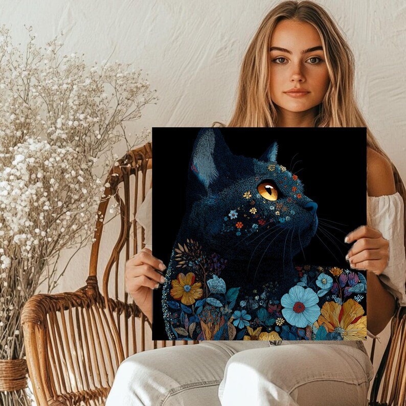 Floral Cat Wall Art, Canvas Or Poster, Modern Decor, Animal Decor, Living Room Decor, Office Decor, Cat Wall Hanging, Cat Art - Image 5