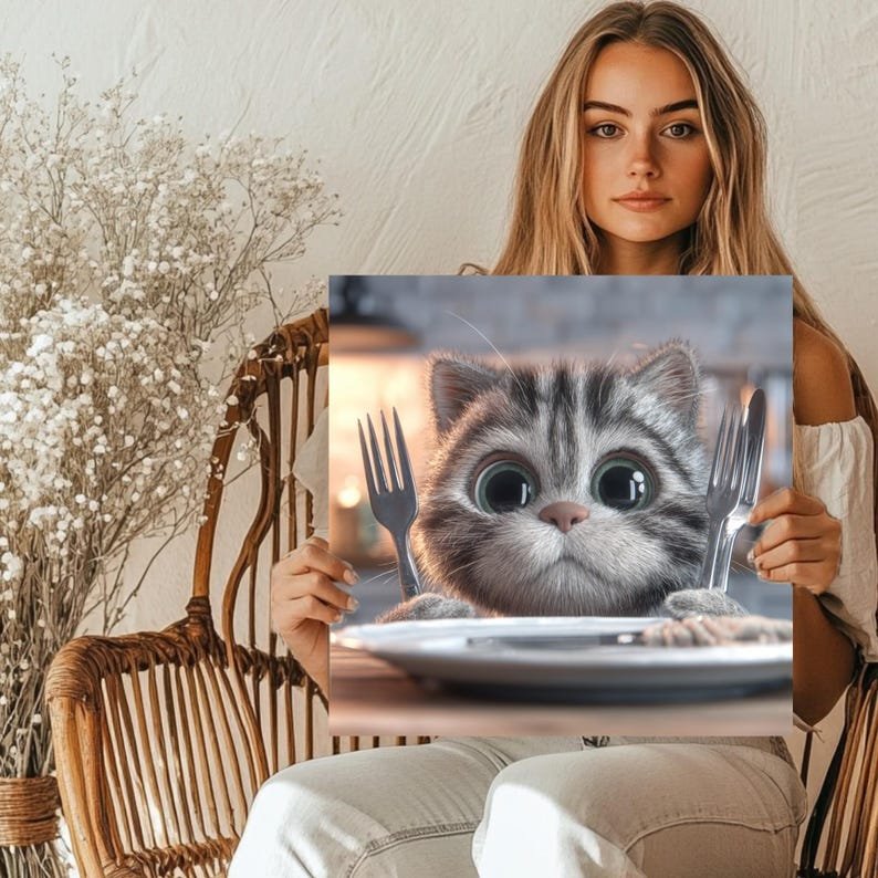 Cute Hungry Cat Wall Art, Canvas Or Poster, Nursery Decor, Kids Room Art, Kitchen Wall Decor, Home Decor, Whimsical Animal Art, Wall Hanging - Image 5