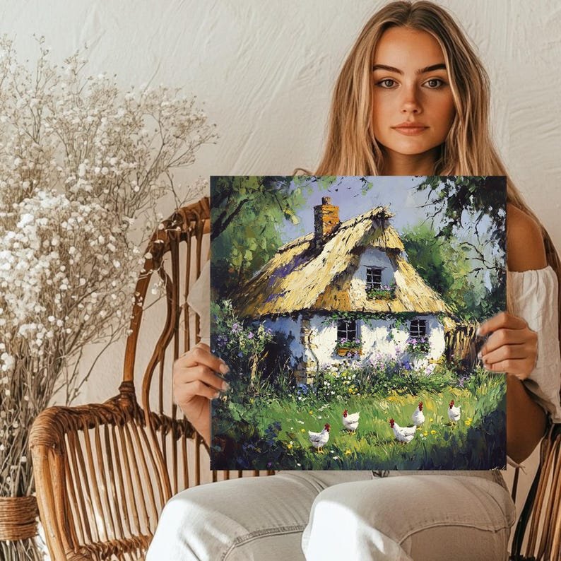 Chicken and Flower Wall Art, Poster or Canvas, Thatch Roof House Decor, Farmhouse Art, Rural Home Decor, Rustic Wall Accent, Minimalist Art - Image 5