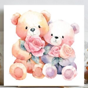 Teddy Bears With Flowers Wall Decor, Canvas Or Poster, Romantic Animal Art, Cute Teddy Wall Art, Kids Room Decor, Home Decor, Nursery Decor